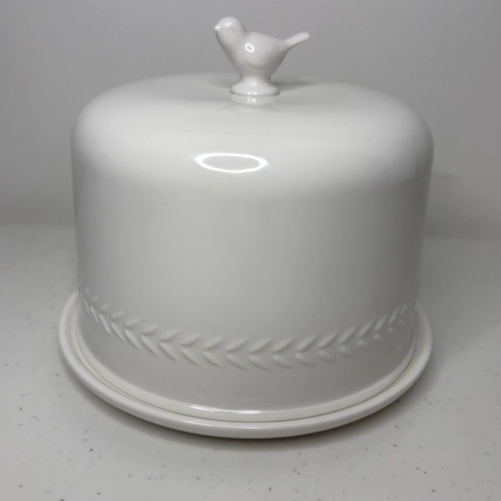 White Ceramic Butter Keeper with Bird Knob